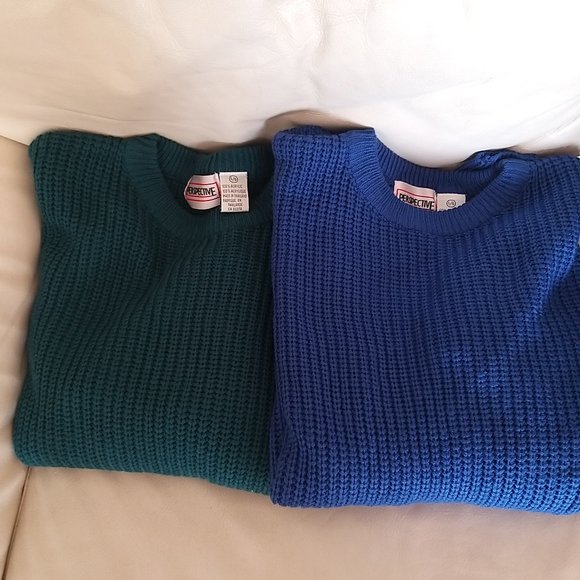 New 2 Tops Unisexe Fisherman sweater knit pullover Green & Blue size L - Picture 2 of 8